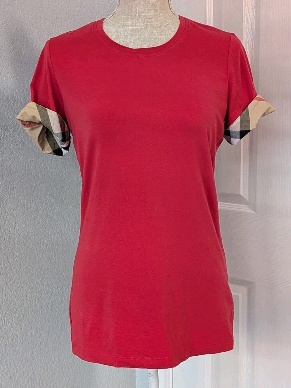 Burberry Women's Red/Pink Short Sleeve T-Shirt with Nova Check Trim Size MEDIUM